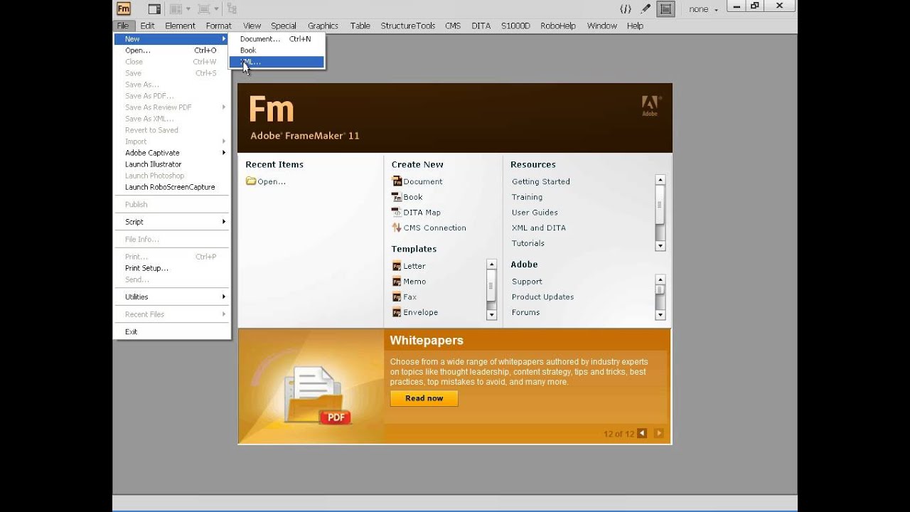 Zrzut ekranu interfejsu oprogramowania Adobe FrameMaker przedstawiający menu rozwijane w obszarze „Plik” z podświetloną opcją „Otwórz”. W głównym oknie wyświetlane są ostatnio używane elementy, narzędzia do tworzenia i zasoby.