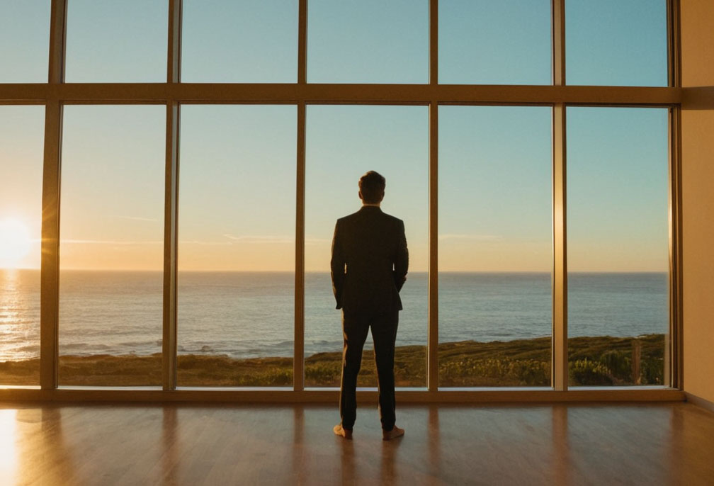 Mężczyzna w garniturze w środku, patrząc przez duże, sięgające od podłogi do sufitu okna na ocean i zachód słońca.