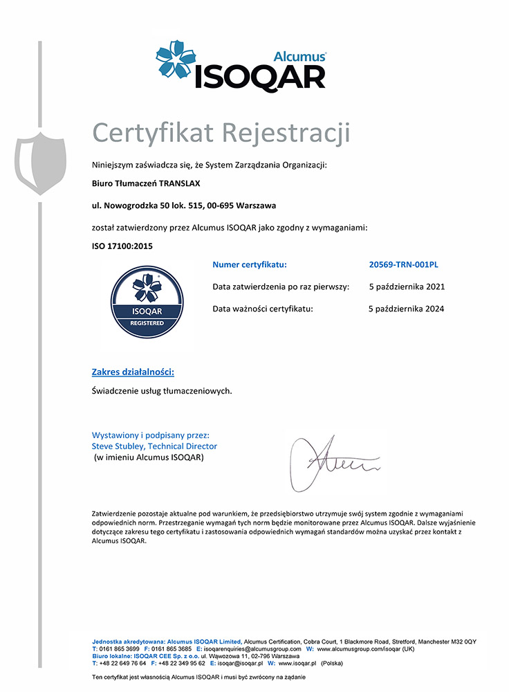 Certyfikat ISO 17100 2015 Biuro Tłumaczeń Translax