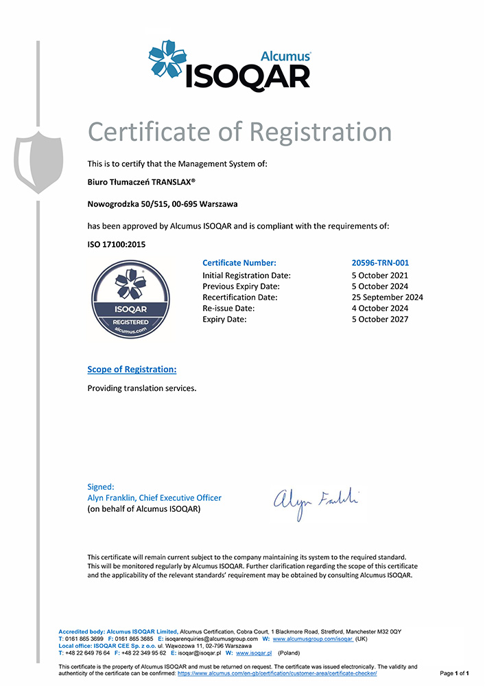 ISOQAR Certificate of Registration for Biuro Tłumaczeń "TRANSLAX" in Warsaw, Poland, confirming compliance with ISO 17100:2015 for translation services. Valid until 4 October 2027.