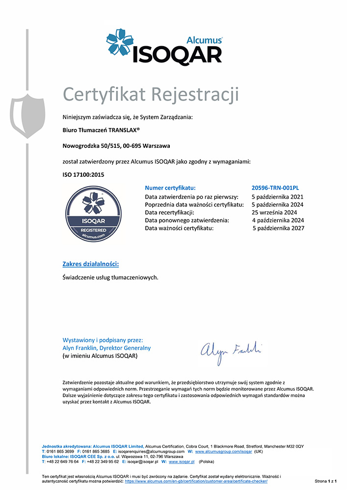 Dokument certyfikacyjny ISO 17100:2015 wydany przez Alcumus ISOQAR. Zawiera szczegóły rejestracji, numery certyfikacji, daty ważności i podpisy.