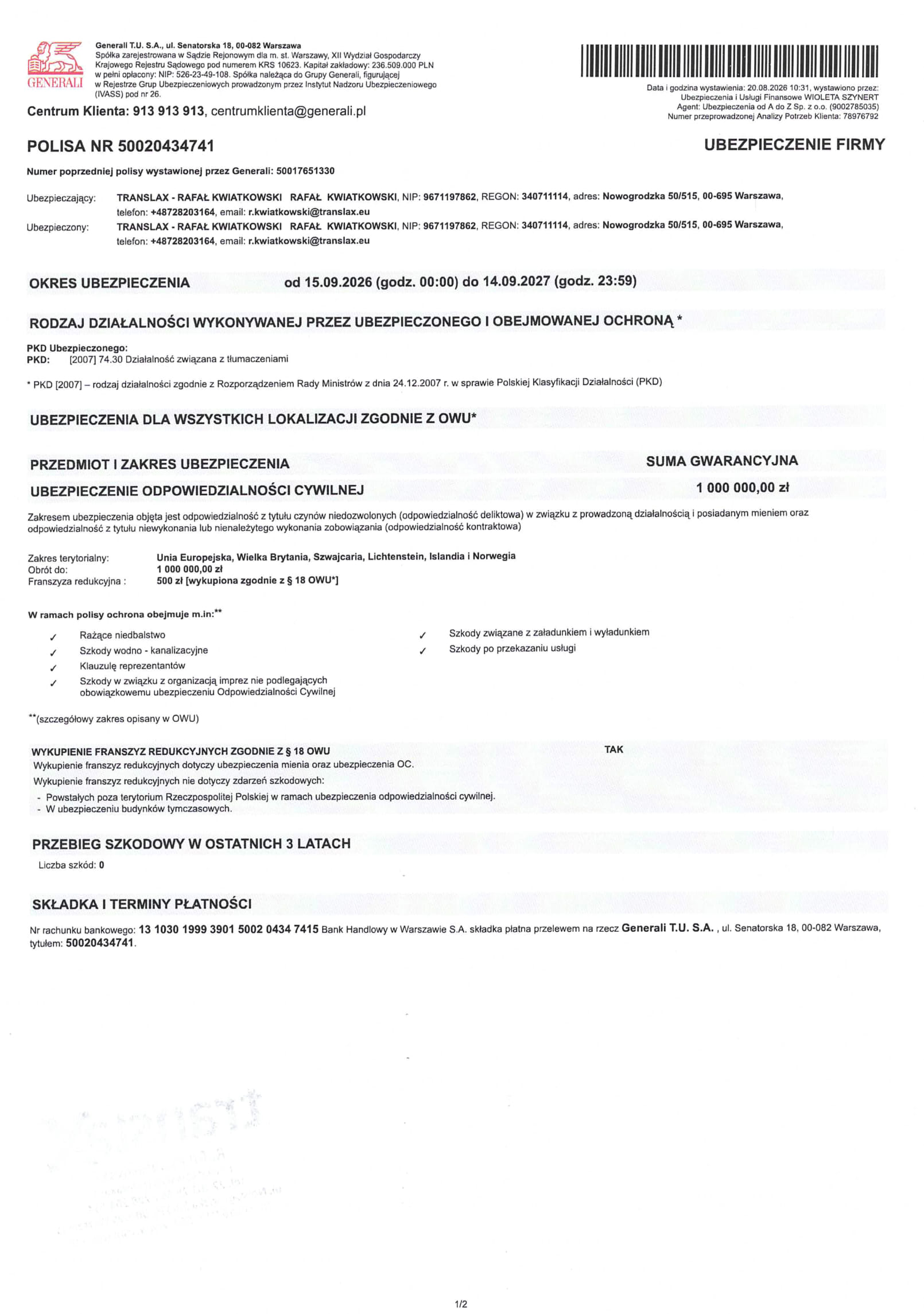 A scanned document in Polish showing insurance policy details, including dates, coverage type, policyholder names, and guarantee sum, with text and official logos visible on a white background.