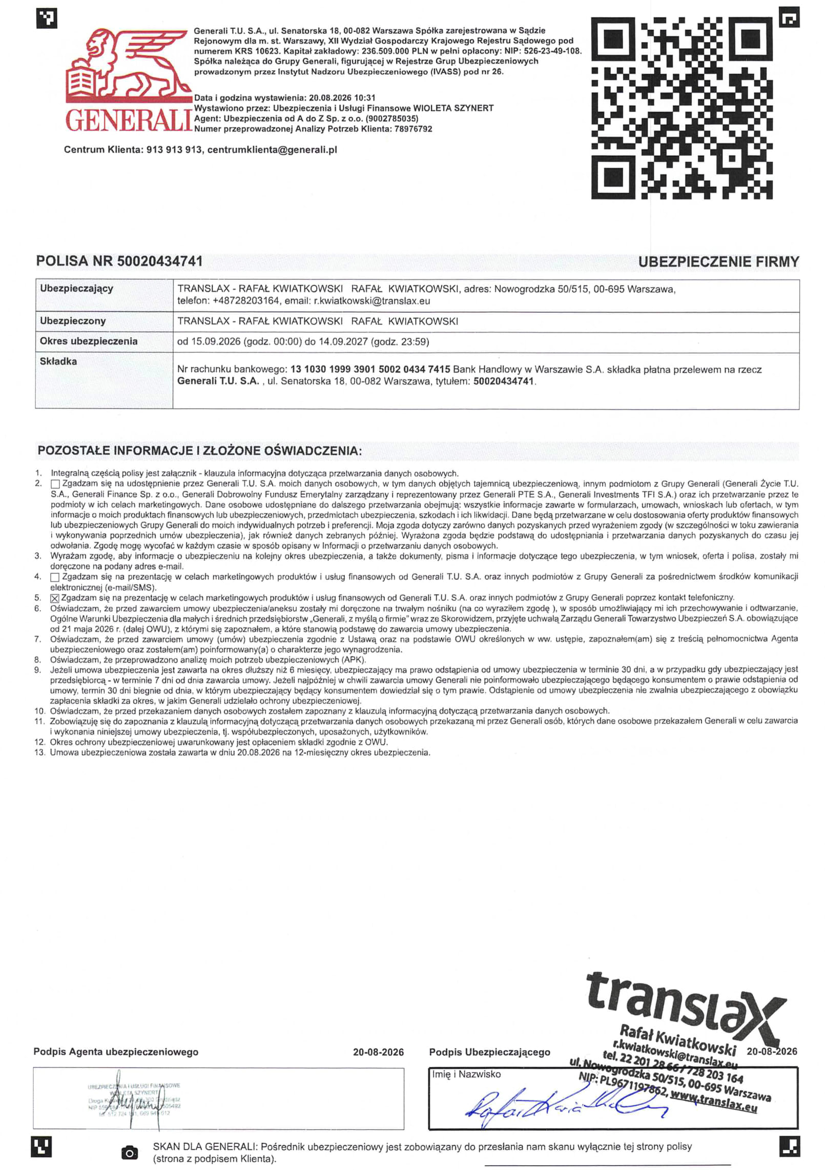 A Polish insurance policy document from Generali for TranslaX Rafał Kwiatkowski, showing company details, insurance information, and signatures, with QR codes at the top right.
