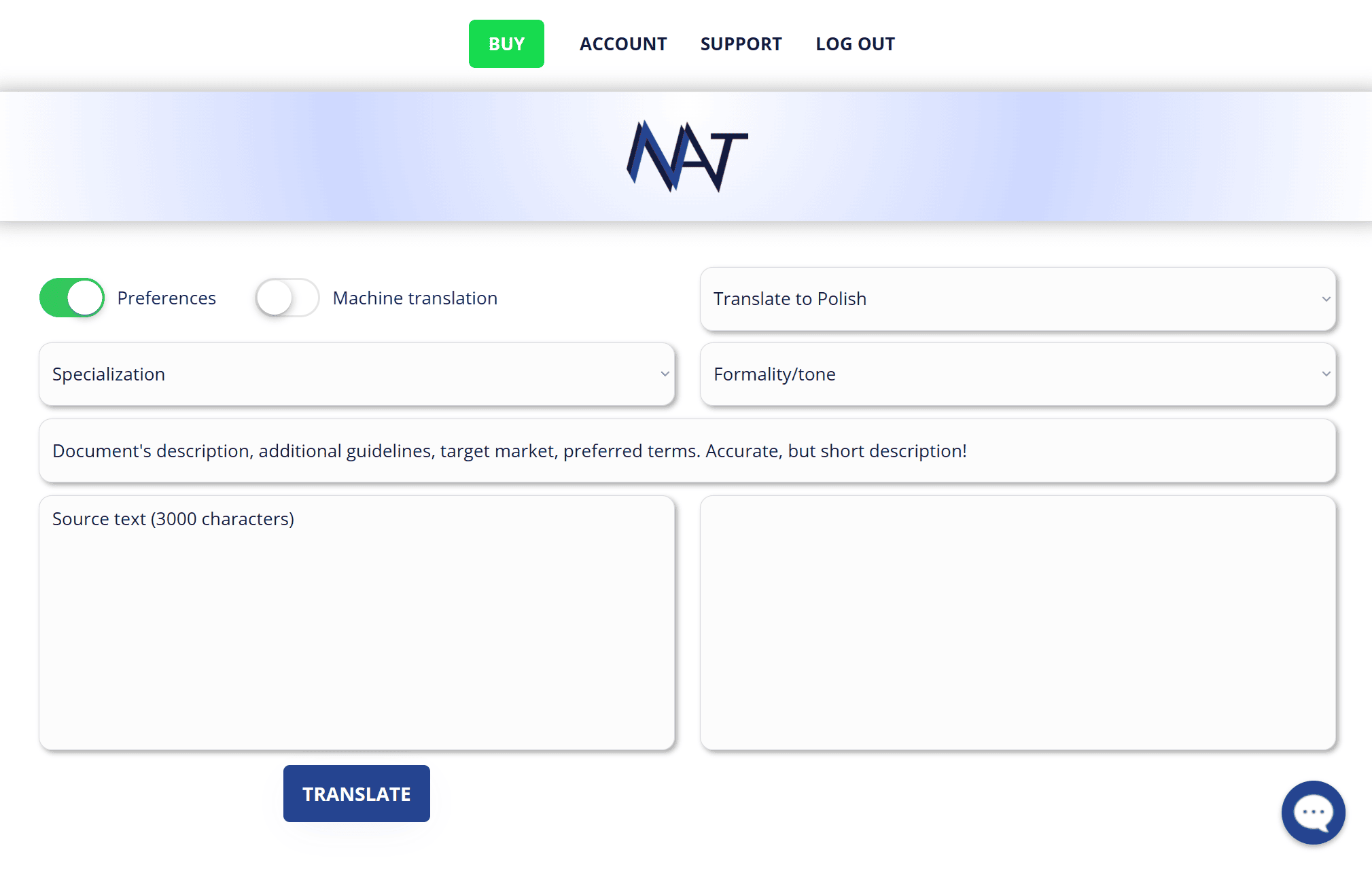 Interfejs oprogramowania do tłumaczenia wyświetlający opcje preferencji, tłumaczenia maszynowego, specjalizacji i formalności/tonu. Dostępne są pola na tekst źródłowy i przetłumaczony, a także przycisk „Przetłumacz”.