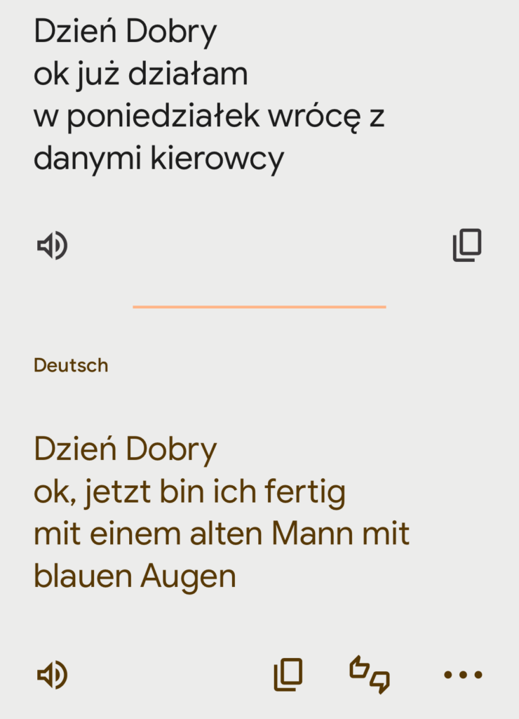 Dwa zestawy tekstów w języku polskim i niemieckim z ikonami działań pod każdym. Górny tekst w języku polskim. Tekst na dole w języku niemieckim. Obydwa teksty zaczynają się od „Dzień Dobry” i zawierają przekaz nieformalny.