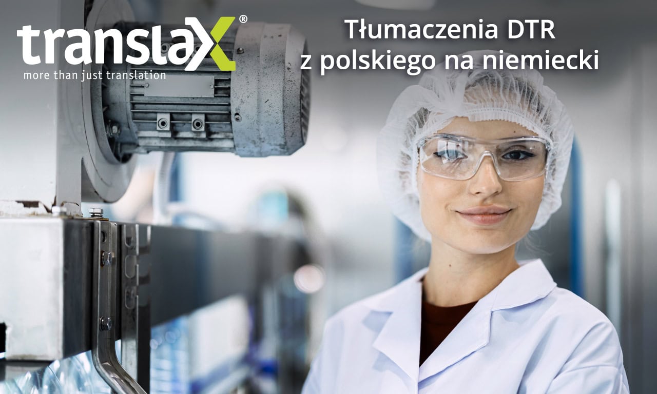 Kobieta ubrana w siatkę na włosy, okulary ochronne i fartuch laboratoryjny uśmiecha się w warunkach laboratoryjnych. W tekście czytamy: „Tłumaczenie dokumentacji technicznej z języka polskiego na język niemiecki.