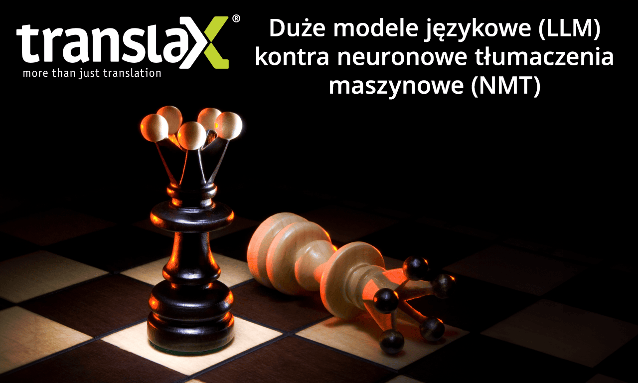Szachownica z czarno-białymi figurami hetmanów reprezentującymi metody tłumaczenia; czarne królowe stoją wysoko, podczas gdy białe królowe upadły. U góry znajduje się tekst w języku polskim oraz logo.