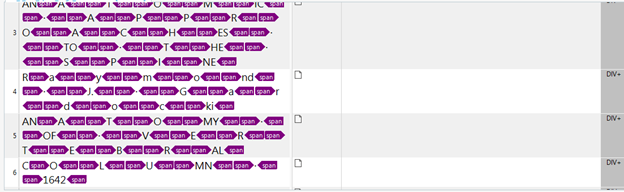Tabela zawierająca wiersze fioletowych znaczników z polem wyboru na końcu każdego wiersza. Tagi zawierają różny tekst, a niektóre wiersze są puste.