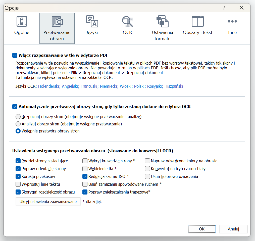 Zrzut ekranu ustawień oprogramowania w języku polskim, wyświetlający opcje przetwarzania obrazu, języków, OCR i innych konfiguracji, z zaznaczonymi opcjami włączenia OCR i automatycznego przetwarzania strony.