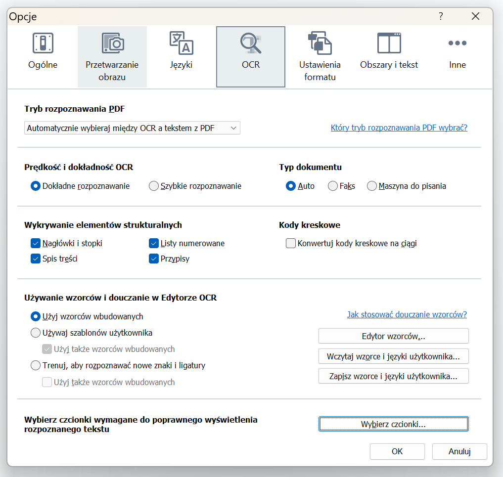 Zrzut ekranu okna ustawień OCR, wyświetlający opcje trybu rozpoznawania PDF, precyzji, typu dokumentu, wykrywania elementów konstrukcyjnych, wykorzystania wbudowanych wzorców i czcionek do wyświetlania tekstu.