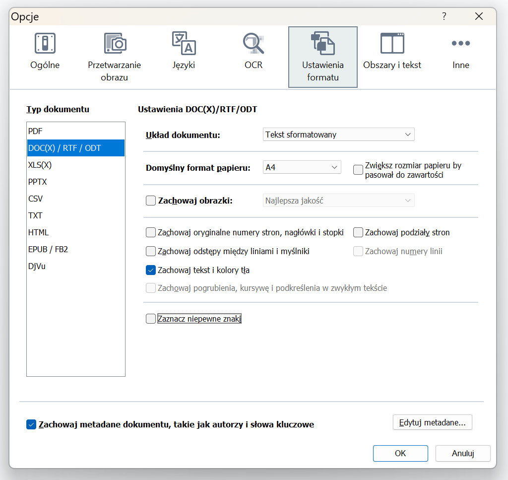 Zrzut ekranu okna ustawień oprogramowania pokazujący opcje formatu dla różnych typów dokumentów, w tym PDF, DOCX i HTML. Widoczne są także różne opcje pól wyboru formatowania dokumentu.