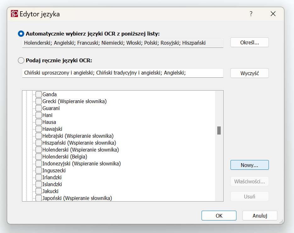 Okno edytora języków pokazujące opcje automatycznego lub ręcznego wyboru języków OCR z listy. Języki obejmują ganda, grecki, gudżarati, hausa i inne. Przyciski „OK” i „Anuluj” znajdują się na dole.