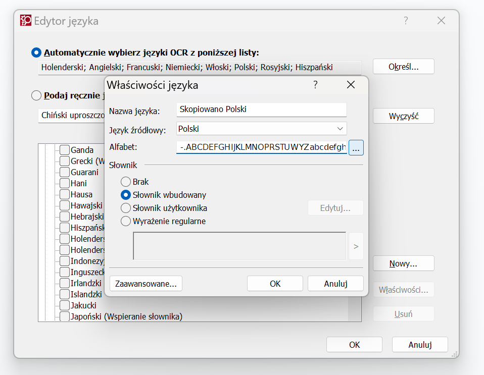 Otworzy się okno ustawień zatytułowane „Edytor języka”, wyświetlające różne opcje językowe. Podokno „Właściwości języka” pokazuje opcje wyboru języka źródłowego i ustawień słownika.