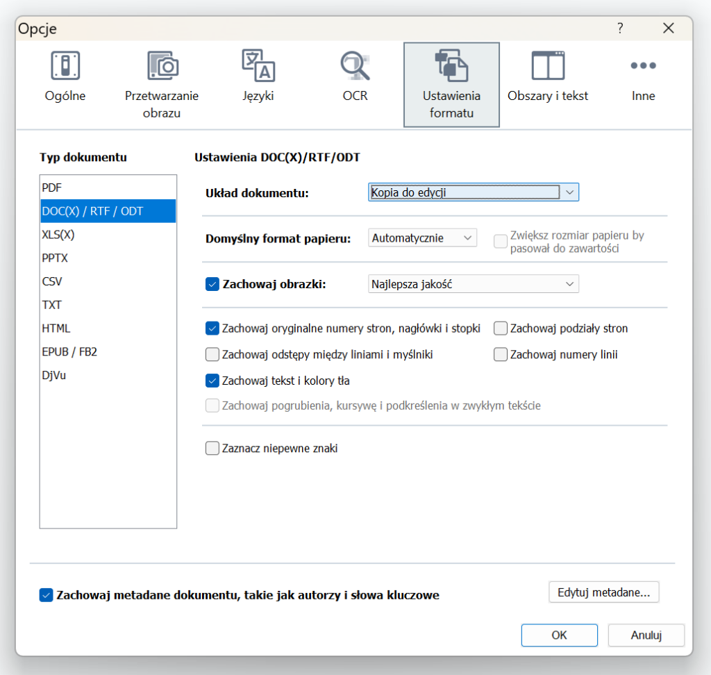 Obraz menu opcji oprogramowania wyświetlającego różne ustawienia typów i formatowania dokumentów, w tym opcje DOC(X)/RTF/ODT, domyślny format papieru i zachowanie metadanych.