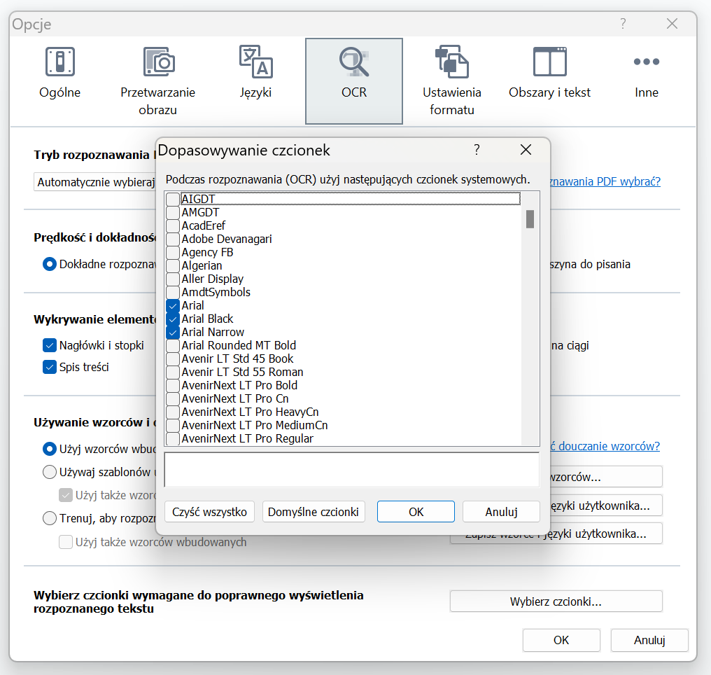 Okno ustawień pokazujące opcje rozpoznawania tekstu OCR wraz z listą czcionek używanych podczas rozpoznawania. Dostępne są opcje zarządzania wybranymi czcionkami i przyciski OK, Anuluj, Czcionki domyślne i Zaznacz wszystko.
