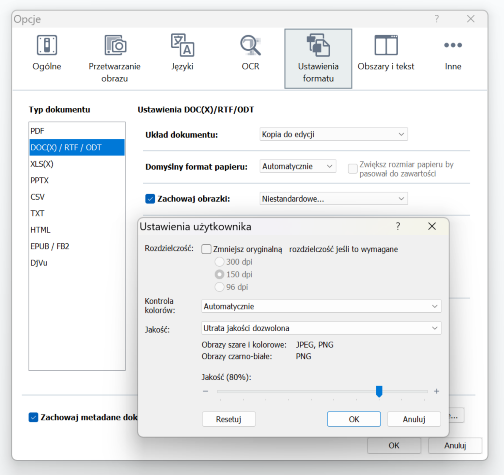 Okno ustawień edytora dokumentów pokazujące opcje formatu DOC(X)/RTF/ODT oraz zdefiniowane przez użytkownika ustawienia rozdzielczości obrazu z suwakiem jakości obrazu.
