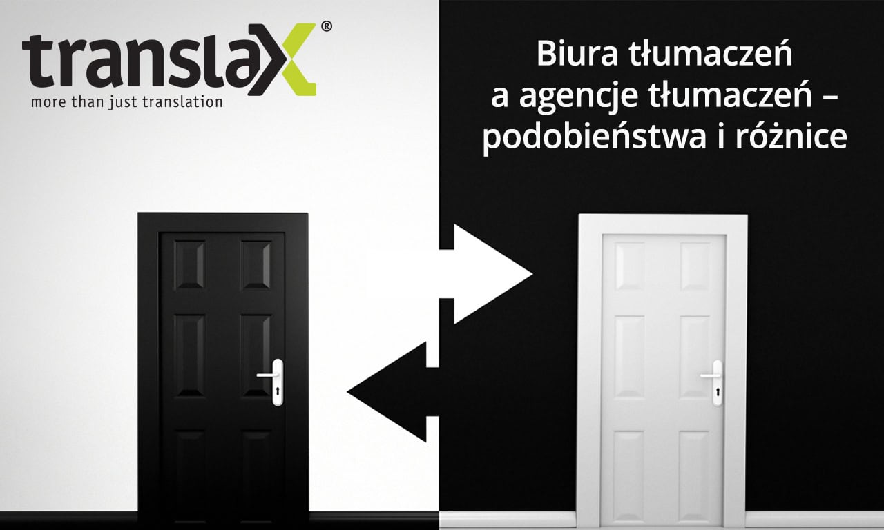 Dwoje sąsiadujących ze sobą drzwi, jedne czarne i jedno białe, ze strzałkami wskazującymi pomiędzy nimi. Tekst: „Biura tłumaczeń a tłumaczeń – podobieństwo i hipoteza” oraz „tłumaczyć więcej niż tylko tłumaczenie.