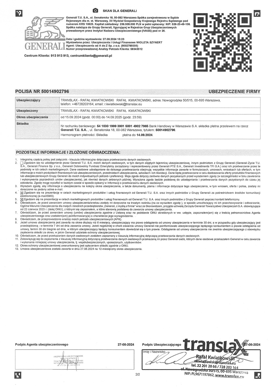 Dokument ubezpieczeniowy zatytułowany „POLISA NR 50014902796” wydany przez Generali TU S.A., zawierający szczegóły dotyczące ubezpieczenia TRANSLAX. Zawiera kody QR, warunki i dane kontaktowe.