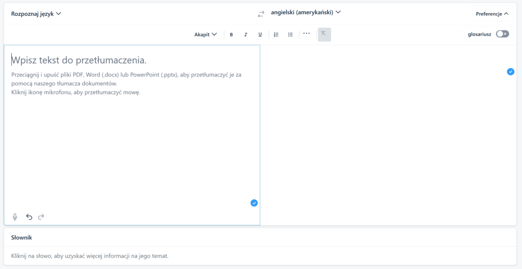 Zrzut ekranu interfejsu oprogramowania do tłumaczeń z polem wprowadzania tekstu po lewej stronie do wklejania tekstu do tłumaczenia i wyświetlaczem wyników tłumaczenia po prawej stronie. Widoczne są elementy sterujące dla języka źródłowego i docelowego.