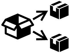Ikony przedstawiające jedno otwarte pudełko z dwiema strzałkami wskazującymi na dwa zamknięte pudełka, co symbolizuje dystrybucję lub podział zawartości.