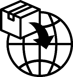 Czarno-biała ikona przedstawiająca paczkę ze strzałką skierowaną w stronę globu, symbolizującą wysyłkę międzynarodową lub dostawę na cały świat.