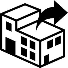 Czarno-biała ikona przedstawiająca budynki i wznoszącą się strzałkę, symbolizująca wzrost lub zwiększenie liczby obiektów deweloperskich.