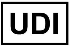 Czarny tekst „UDI” w czarnej prostokątnej ramce na białym tle.