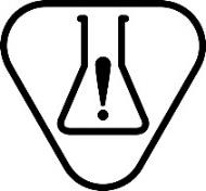 Czarno-biały trójkątny znak ostrzegawczy przedstawiający probówkę z wykrzyknikiem w środku, wskazujący na zagrożenie chemiczne.