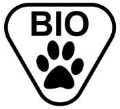 Czarno-biały trójkątny symbol ze słowem „BIO” u góry i odciskiem łapy poniżej.