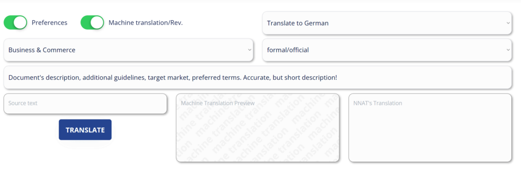 Zrzut ekranu interfejsu tłumaczenia z opcjami tłumaczenia maszynowego/przeglądu, językiem docelowym, polem tekstowym dla opisu i tekstu źródłowego, podglądem tłumaczenia i przyciskiem tłumaczenia.