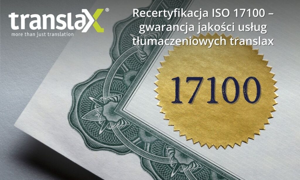 Zbliżenie certyfikatu ze złotą pieczęcią oznaczoną „17100” i białym tekstem w języku polskim o certyfikacie ISO 17100 dotyczącym jakości tłumaczeń nad pieczęcią.