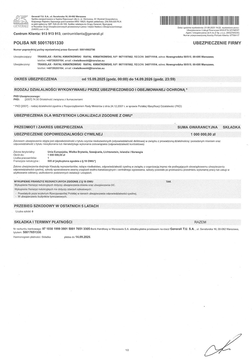 Zeskanowany dokument polisy ubezpieczenia biznesowego w języku polskim, zawierający szczegóły ubezpieczenia, daty, ubezpieczone osoby i dane kontaktowe.