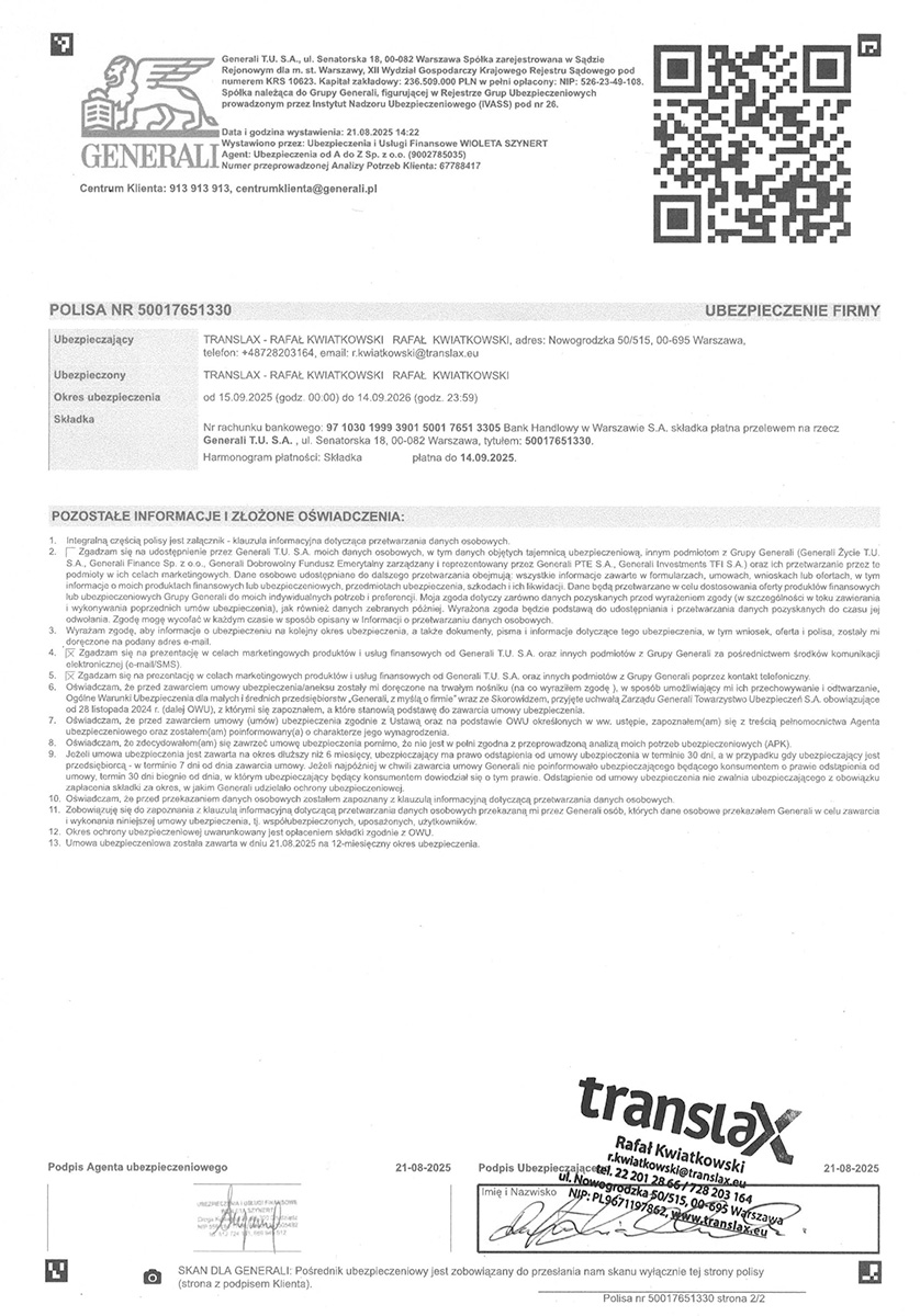 Zeskanowany dokument polisy ubezpieczeniowej Generali dla TRANSLAX Rafał Kwiatkowski, zawierający dane firmy, informacje o polisie i podpisy na dole.