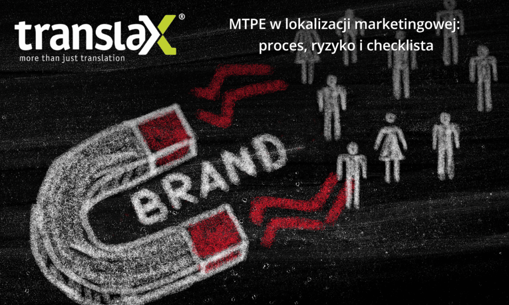 Rysunek kredą magnesu z napisem "BRAND" przyciągającego ludzi, z logo TranslaX i polskim tekstem o MTPE w lokalizacji marketingowej.