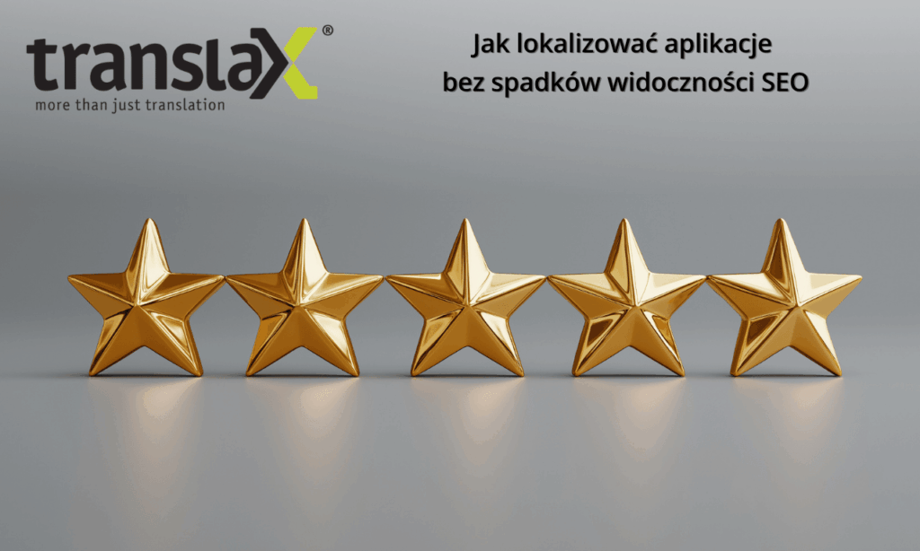 Pięć złotych gwiazdek ustawionych w rzędzie z logo translax i polskim tekstem o lokalizacji aplikacji i widoczności SEO na szarym tle.
