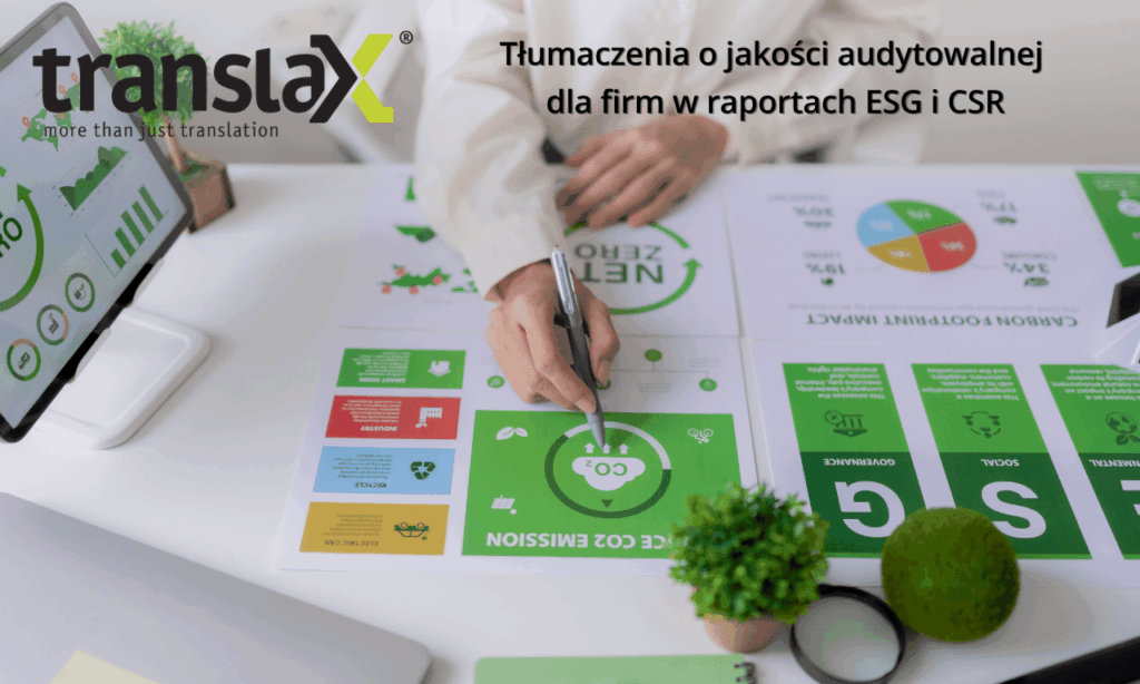 Osoba wskazuje na wykresy i diagramy z ekologicznymi ikonami na biurku. Na obrazie widnieje logo translaX i polski tekst o tłumaczeniach raportów ESG i CSR.