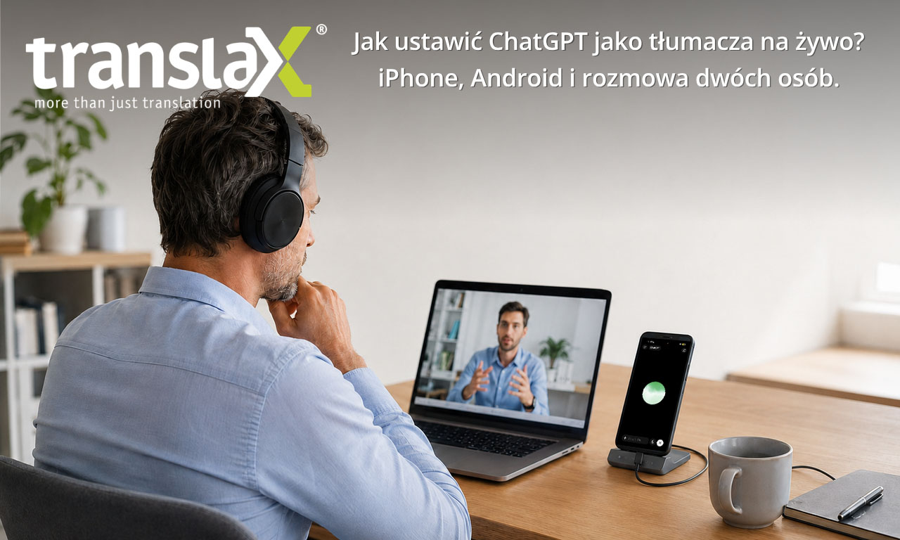 Mężczyzna w słuchawkach siedzi przy biurku i prowadzi rozmowę wideo z innym mężczyzną przez laptopa; w tle widać ustawiony pionowo smartfon oraz roślinę. Polski tekst instruktażowy dotyczący tłumaczenia na żywo za pomocą ChatGPT.