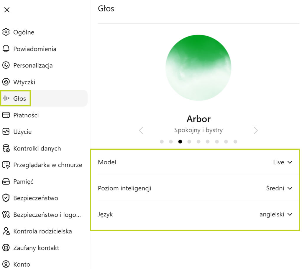 Ustawienia głosu ChatGPT: model Live, poziom inteligencji Średni, język angielski oraz głos Arbor.
